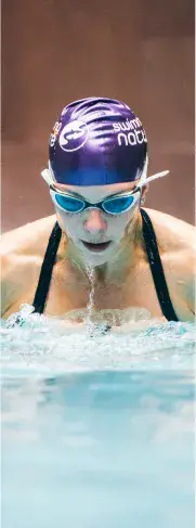 Triptych of fast‑track swimmers — (left) two children in matching caps crouch to dive from the pool edge; (centre) swimmer in a silver cap practises a single‑arm stroke drill; (right) adult in a purple cap and goggles powers forward mid‑freestyle.