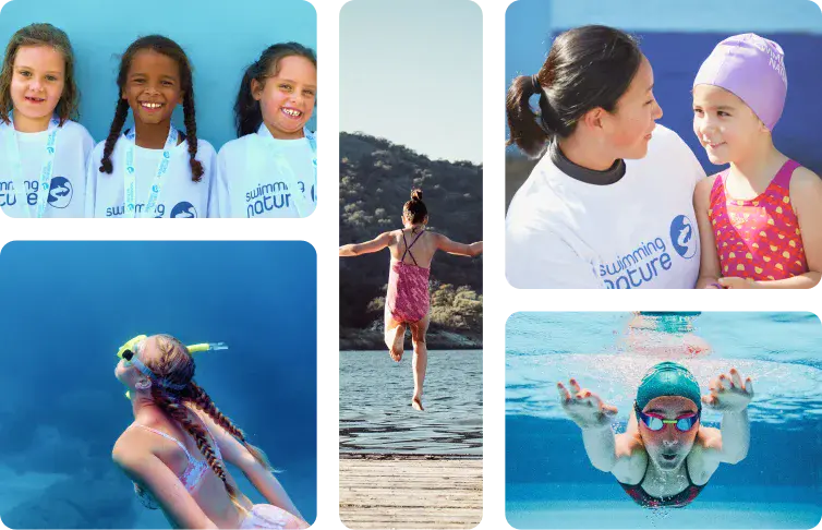 Collage of happy swimmers: two smiling girls in T‑shirts, child walking into the sea, girl floating on her back, and snorkel‑masked child under water.
