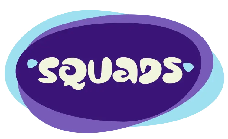 “Squads” programme logo – white, stylised word ‘Squads’ set inside a purple oval with a light‑aqua outline.